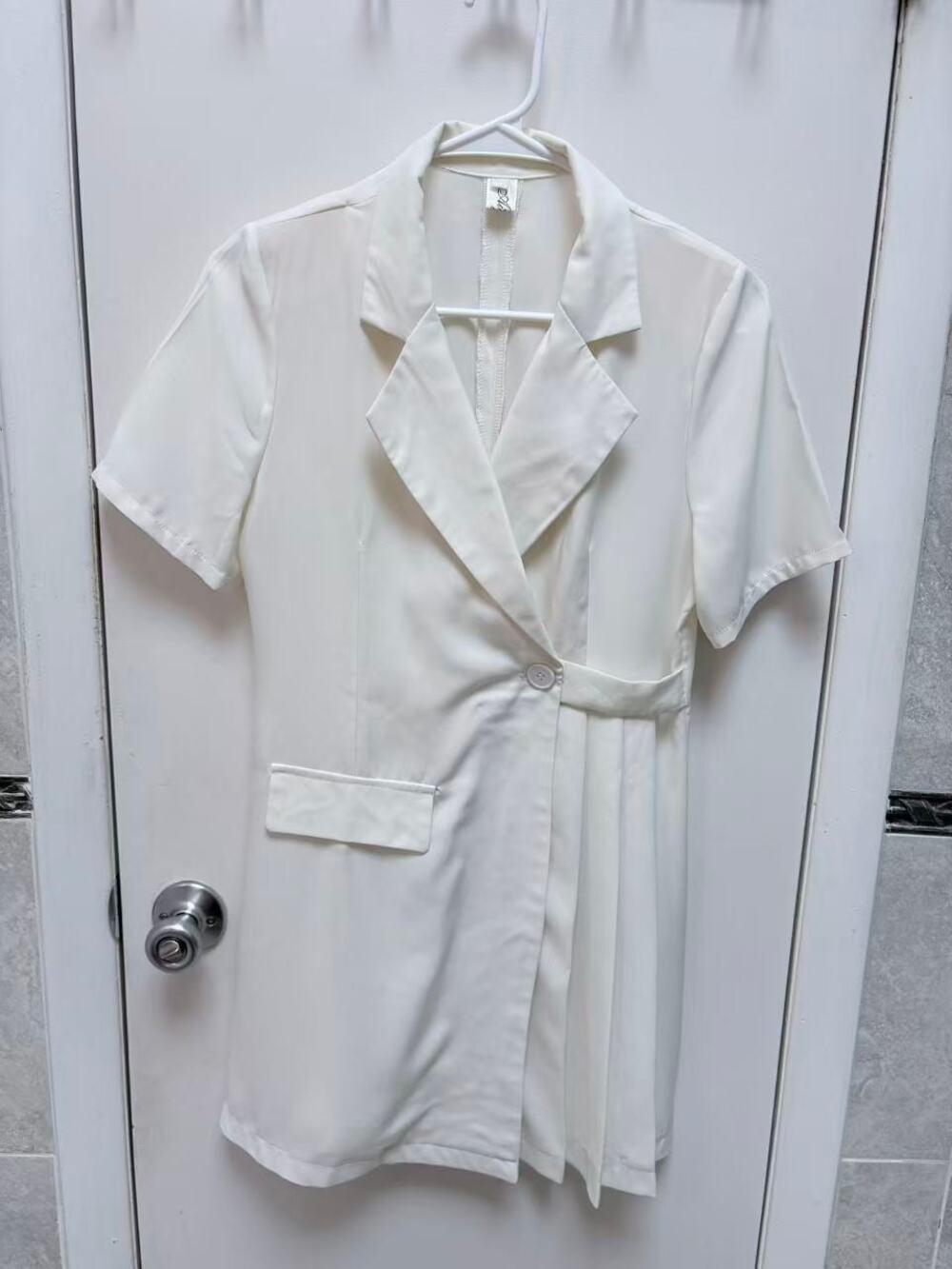 Asymmetric Pleated Blazer Top Women White Short Sleeve Wrap Button Jacket S